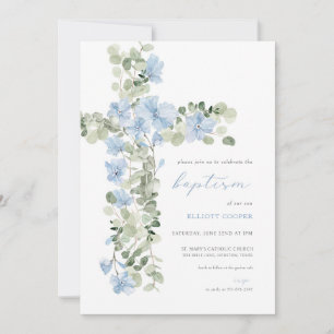 Invitación al bautismo de Blue Floral Cross Boy