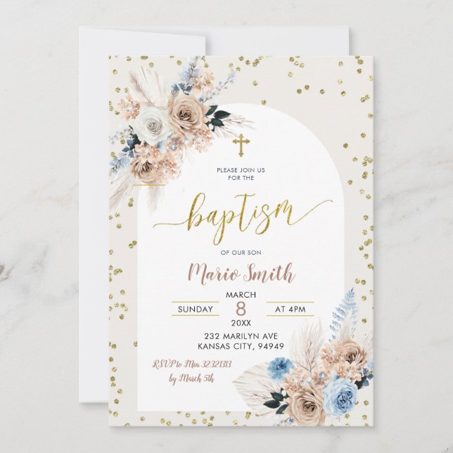 Invitación al bautismo de Blue Pampas Grass Boho (Anverso)
