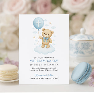 Invitación al bautismo de Blue Teddy Bear Boy
