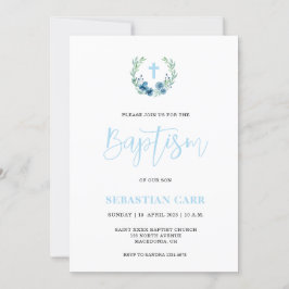 Invitación al bautismo de Blue Wreath Floral Boy B