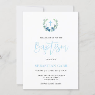Invitación al bautismo de Blue Wreath Floral Boy B