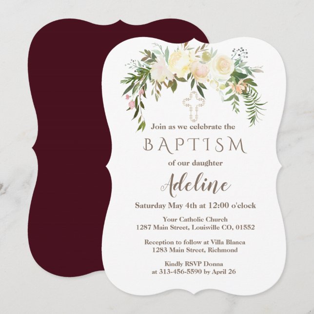 Invitación al bautismo de Borgoña Floral de Marfil (Anverso / Reverso)