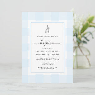 Invitación al bautismo de Bunny Rabbit Blue Gingha