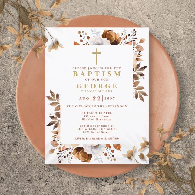 Invitación al bautismo de caída floral rústica de  (Rustic Terracotta Floral Fall Baptism Invitation Postcard)