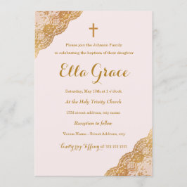 Invitación al bautismo de Chica de encaje dorado r