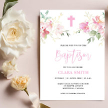 Invitación al bautismo de Chica floral rosa