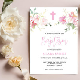 Invitación al bautismo de Chica floral rosa