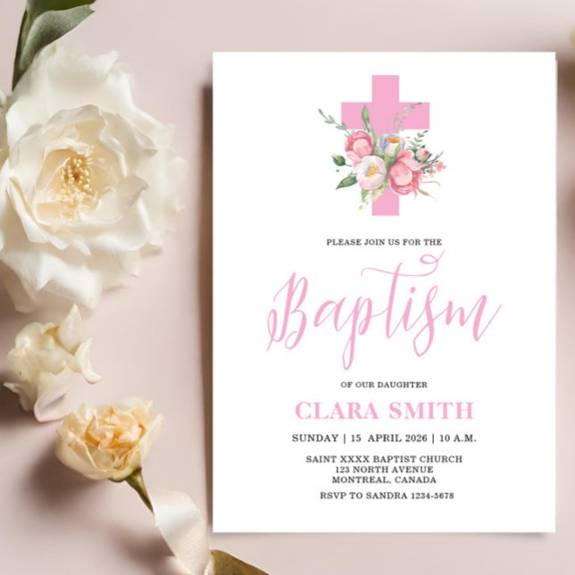 Invitación al bautismo de Chica floral rosa (Subido por el creador)