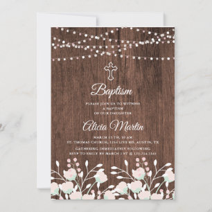 Invitación al bautismo de cruz floral de madera rú