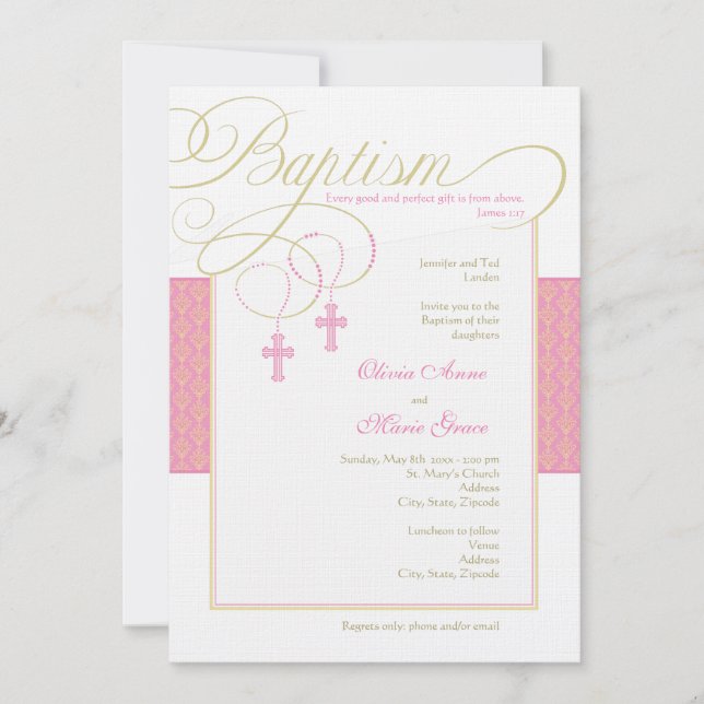 Invitación al bautismo de damasco de gemelos chica (Anverso)