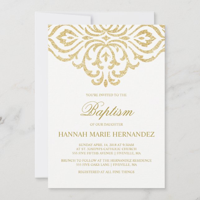 Invitación al bautismo de Damask Purpurina de oro (Anverso)