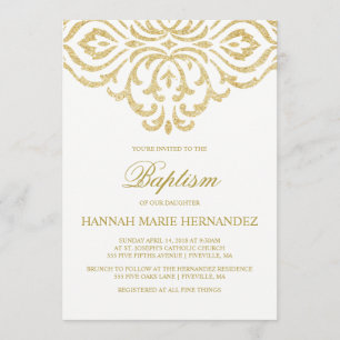 Invitación al bautismo de Damask Purpurina de oro