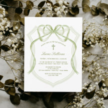Invitación al bautismo de Escudo Sage Green Bow