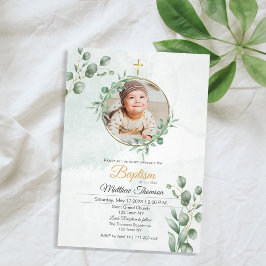 Invitación al bautismo de eucalipto verde