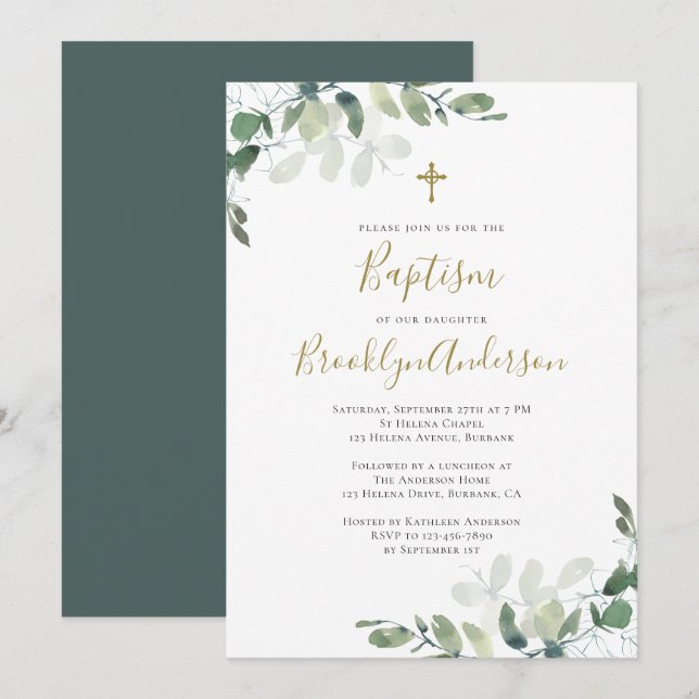 Invitación al bautismo de Eucalyptus Greenery (Anverso / Reverso)