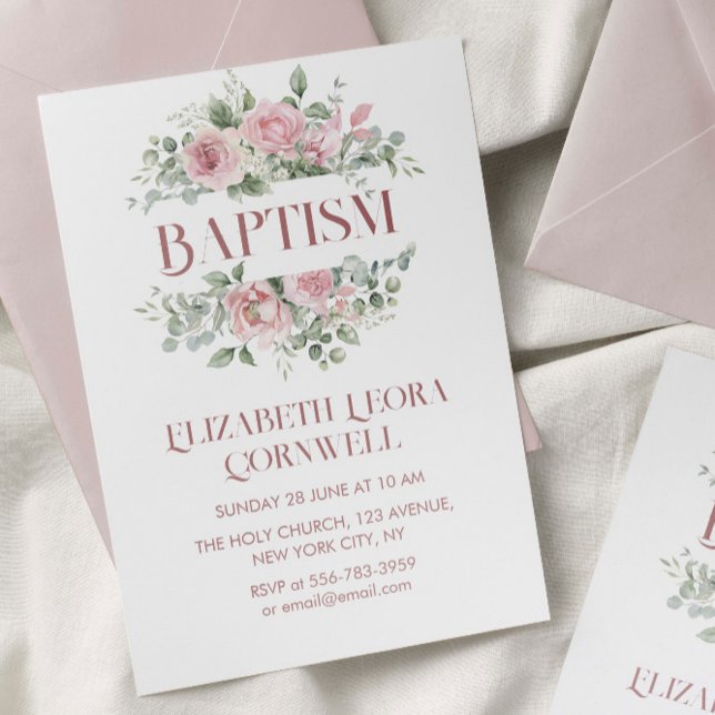 Invitación al bautismo de flor para bebé (Baby Girl Floral Wreath Baptism Invitation)