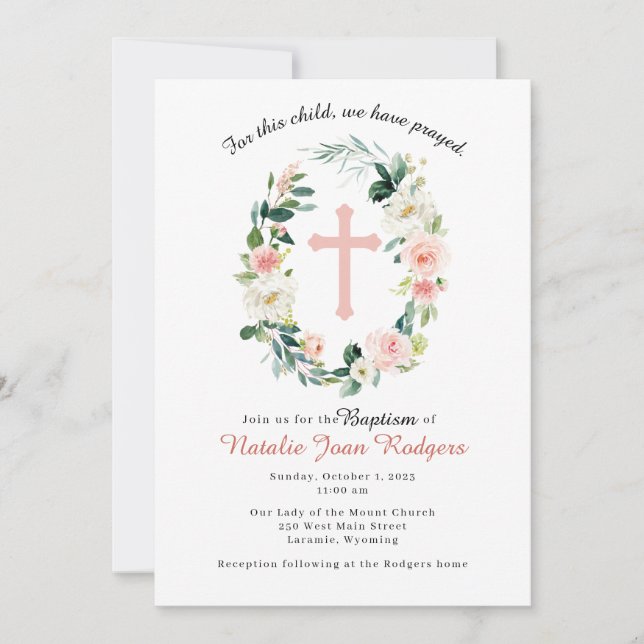 Invitación al bautismo de flor rosa (Anverso)