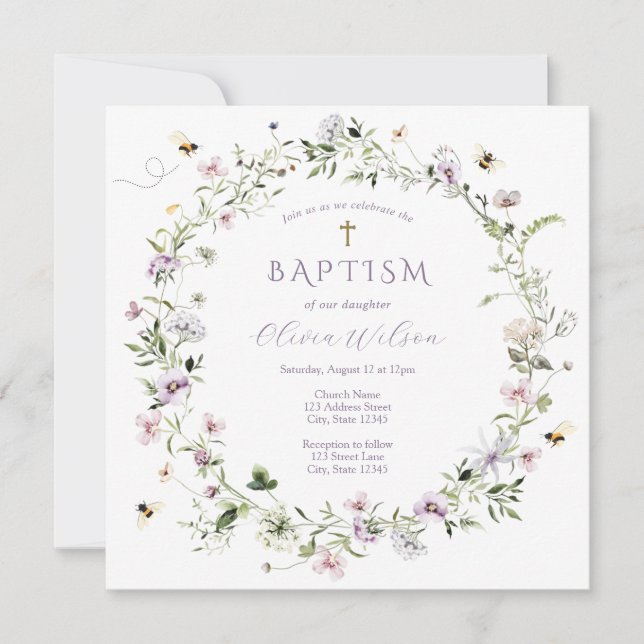 Invitación al bautismo de flor salvaje morado (Anverso)