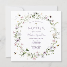 Invitación al bautismo de flor salvaje morado