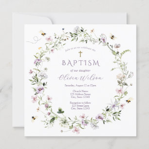 Invitación al bautismo de flor salvaje morado