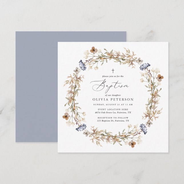 Invitación al bautismo de flor silvestre Dusty Blu (Anverso / Reverso)