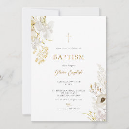 Invitación al bautismo de flor silvestre marfil-or