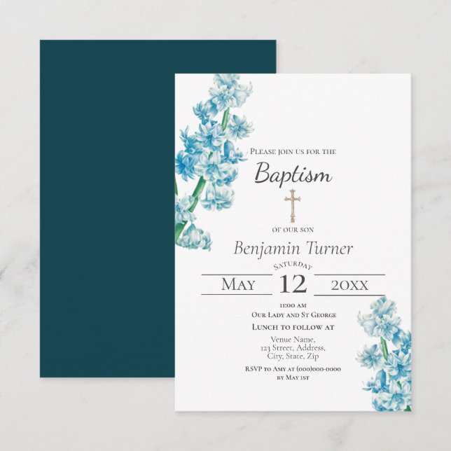 Invitación al bautismo de flores azules (Anverso / Reverso)