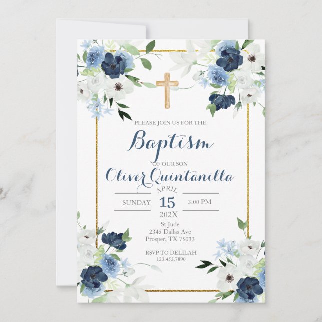 Invitación al bautismo de flores azules para el ni (Anverso)