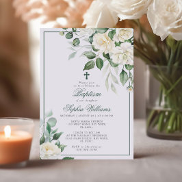 Invitación al bautismo de flores blancas Eucalyptu