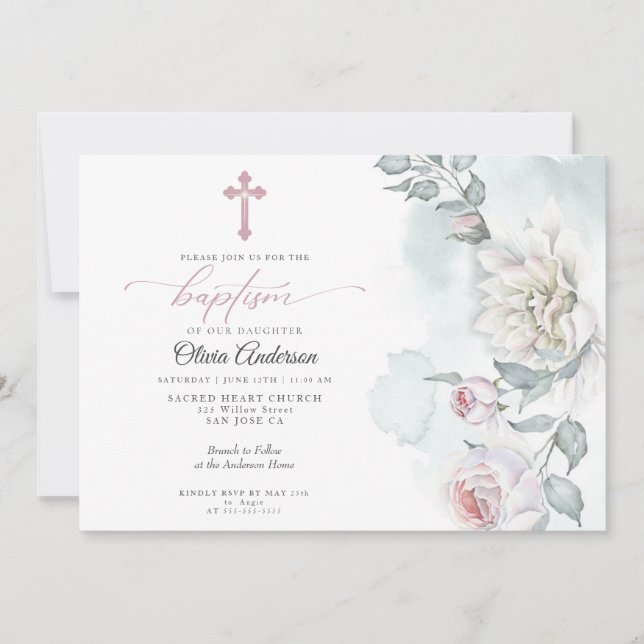 Invitación al bautismo de flores de cabaña rosadas (Anverso)