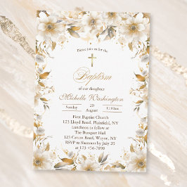 Invitación al bautismo de flores de oro y beige