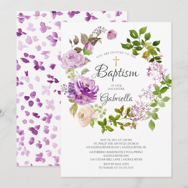 Invitación al bautismo de flores de púrpura peonie (Anverso / Reverso)