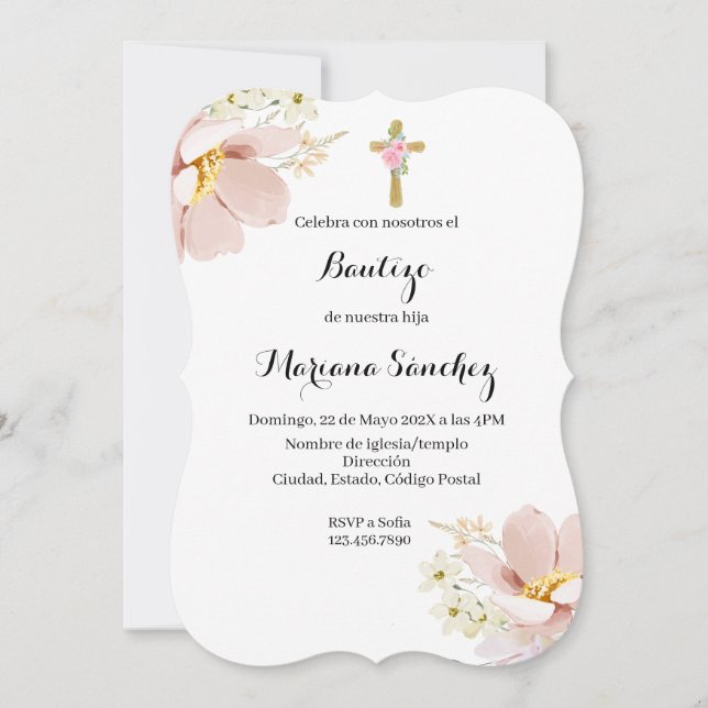 Invitación al bautismo de flores rosadas para chic (Anverso)