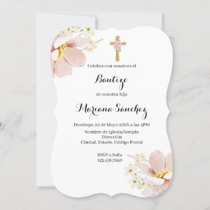 Invitación al bautismo de flores rosadas para chic