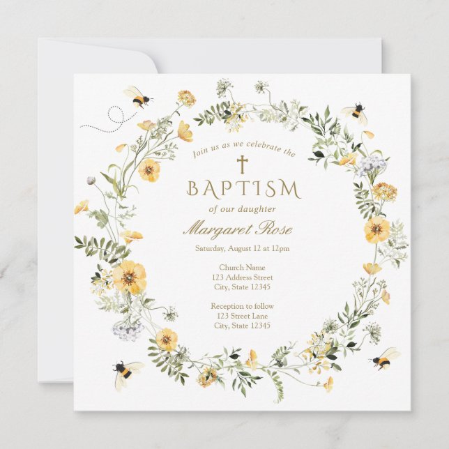 Invitación al bautismo de flores silvestres amaril (Anverso)