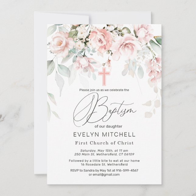 Invitación al bautismo de follaje de rosas rosas r (Anverso)