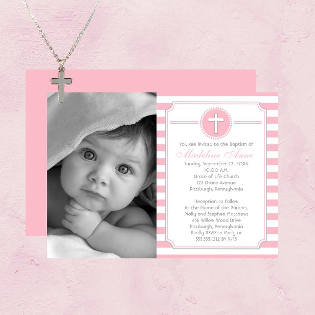 Invitación al bautismo de foto Chica de franjas cr (Cross Pink and White Stripes Girl Photo Baptism Invitation)