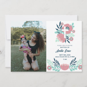 Invitación al bautismo de foto Chica floral - Eleg