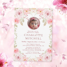 Invitación al bautismo de foto con acuarela rosa f