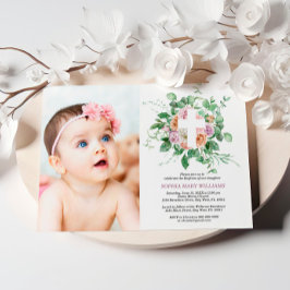 Invitación al bautismo de foto cruzada floral pers