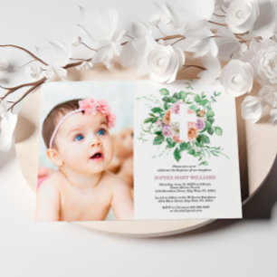 Invitación al bautismo de foto cruzada floral pers