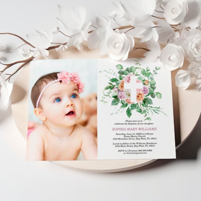 Invitación al bautismo de foto cruzada floral pers (Subido por el creador)