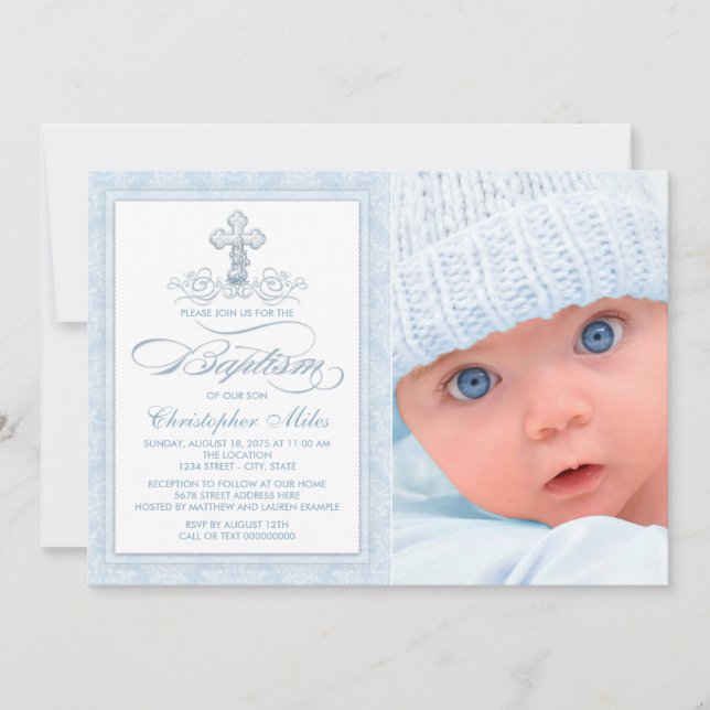 Invitación al bautismo de foto de Blue Damask Cros (Anverso)