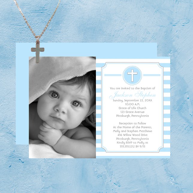 Invitación al bautismo de foto de Cross Blue Strip (Cross Blue Stripes Boy Photo Baptism Invitation)