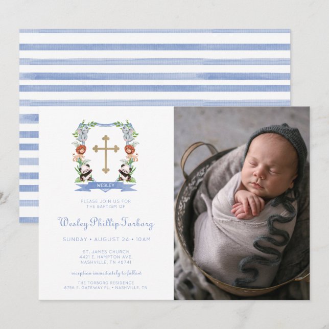 Invitación al bautismo de foto de Escudo de animal (Anverso / Reverso)