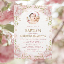 Invitación al bautismo de foto de flor rosa