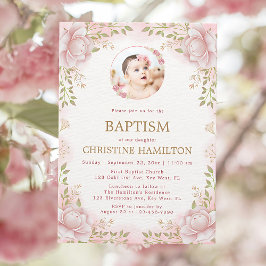 Invitación al bautismo de foto de flor rosa
