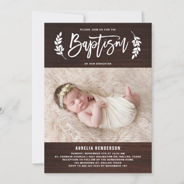 Invitación al bautismo de foto de Laurel Wreath Ru (Anverso)