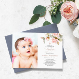 Invitación al bautismo de foto de rosa y verde