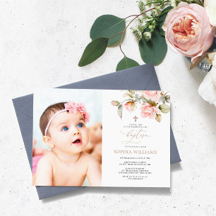 Invitación al bautismo de foto de rosa y verde